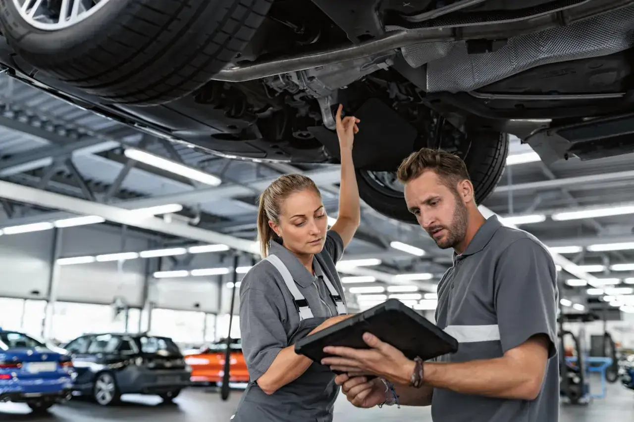Zwei Mechaniker pr&uuml;fen den Unterboden eines Autos. Die Frau zeigt auf ein Bauteil, w&auml;hrend der Mann auf einem Tablet die Daten der BMW Inspektion abliest.