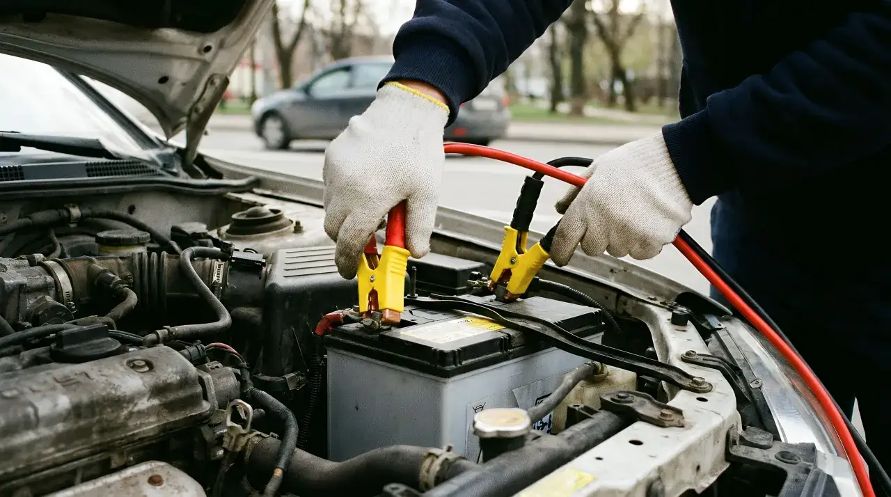 Mit Starthilfe-Kabeln wird die Autobatterie wiederbelebt.