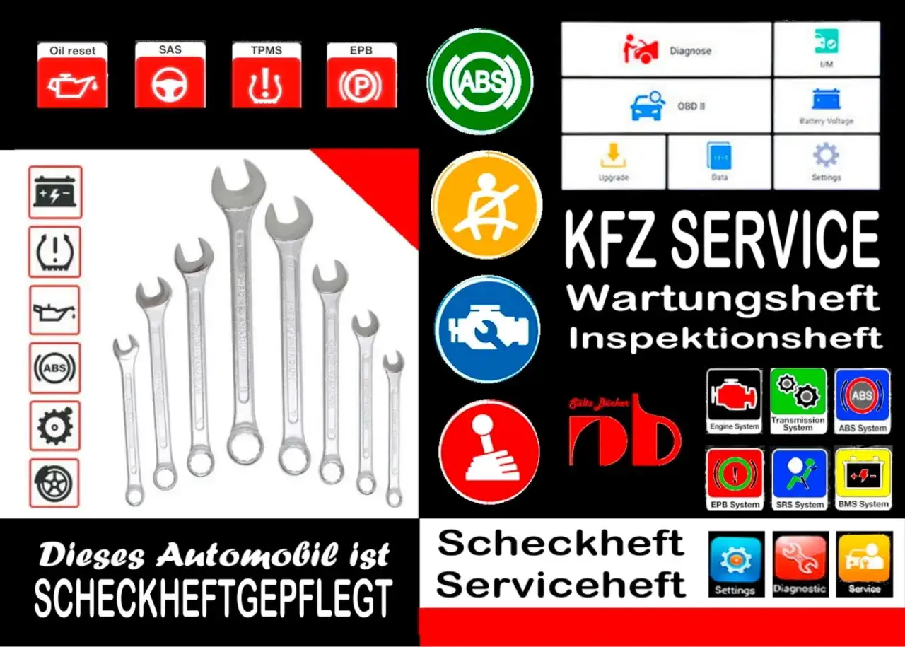 Werkzeuge und Symbole für Kfz-Service, Diagnose und Wartung. Ein Auto mit Scheckheftpflege behält seine Herstellergarantie.