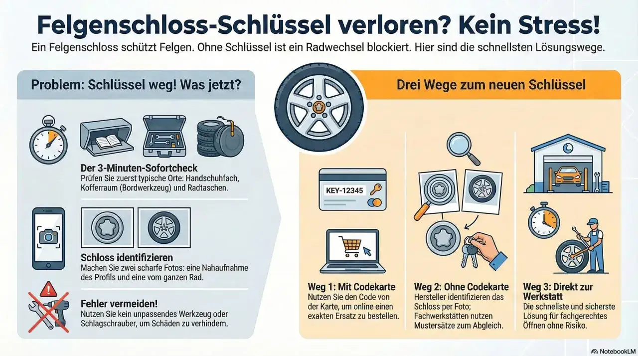 Felgenschloss-Schl&uuml;ssel verloren? Kein Stress! Hier sind drei Wege zum neuen Schl&uuml;ssel, falls Sie Ihren felgenschloss verloren haben.