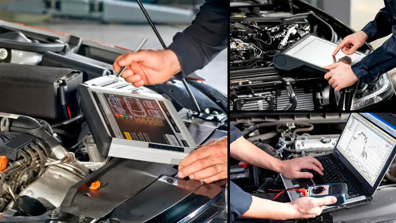 Kfz-Mechaniker nutzen Diagnosegeräte, um die Herstellergarantie des Autos zu prüfen und Probleme zu beheben.