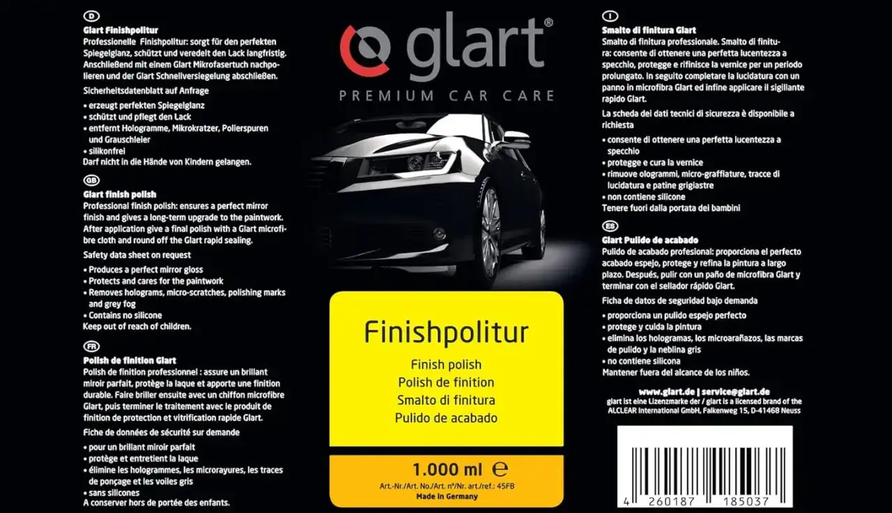 Glart Finishpolitur für perfekten Spiegelglanz. Informiert über auto polieren kosten und die Anwendung.