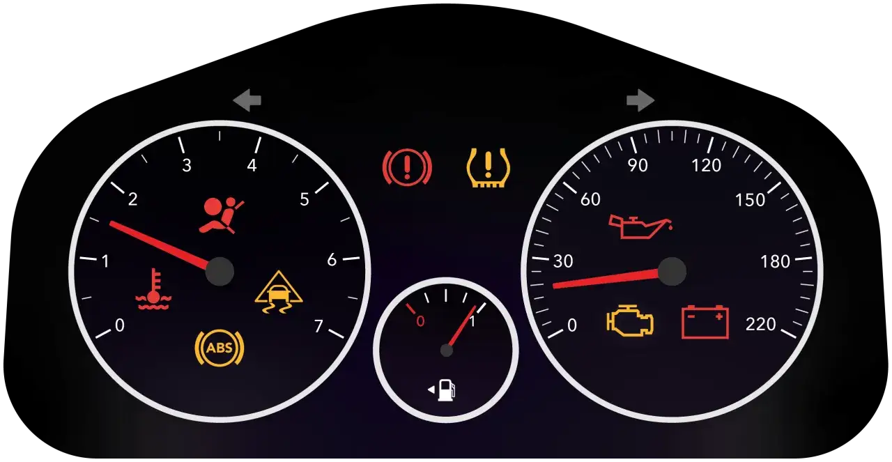 Armaturenbrett mit leuchtenden Warnsymbolen: Airbag, ABS, Motorkontrollleuchte blinkt und geht wieder aus, &Ouml;l, Batterie, Bremsen, Reifendruck.