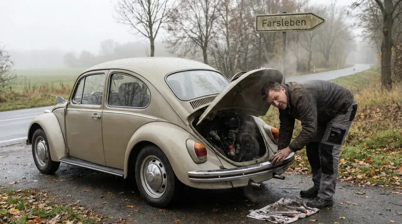 Mann repariert seinen Käfer, der beim Gas geben ruckelt. Werkzeug liegt bereit.