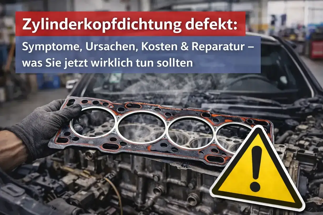 Ein Mechaniker h&auml;lt eine defekte Zylinderkopfdichtung in der Hand, bereit zum Wechseln. Dampf steigt aus dem Motorraum auf. Warnsymbol.