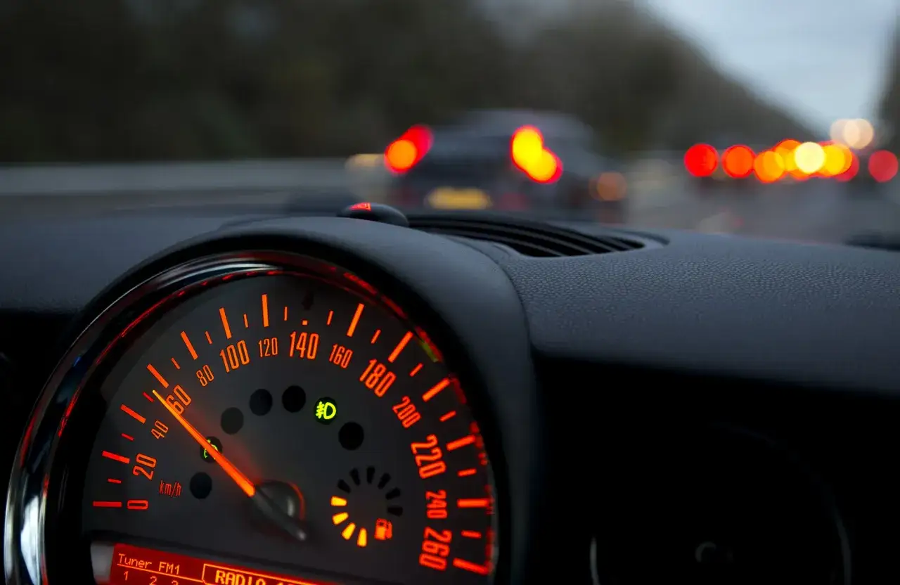 Tacho eines Mini Cooper im Dunkeln. Die rote Nadel zeigt ca. 50 km/h. Der Wartungsplan ist im Blick.