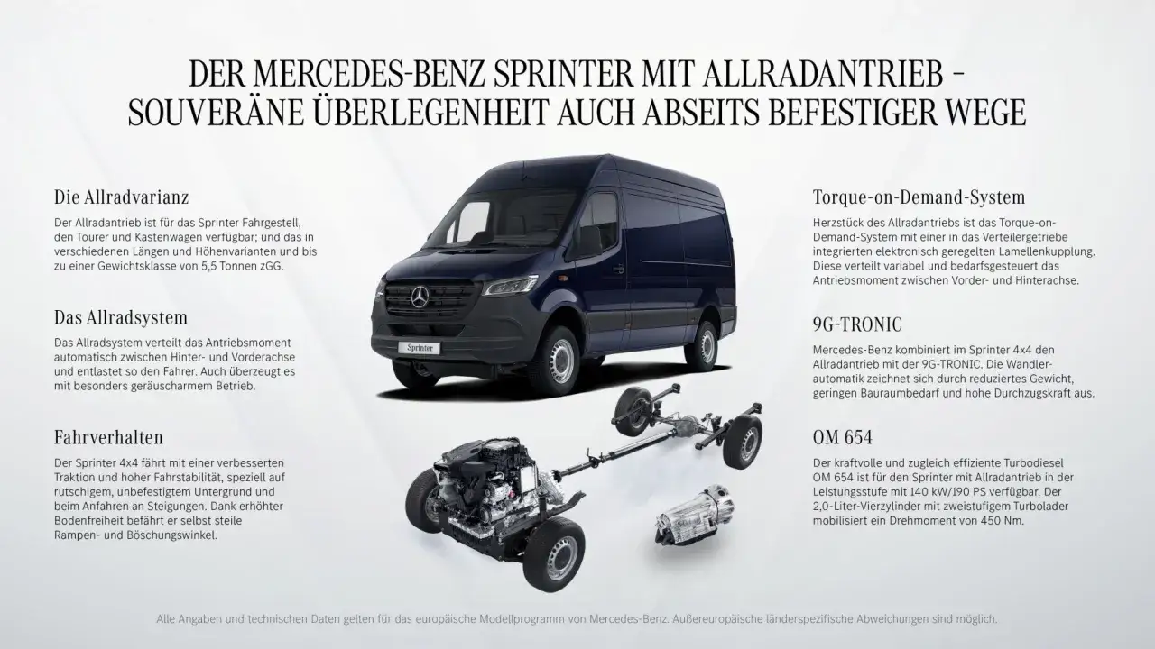 Mercedes-Benz Sprinter 4x4 mit Allradantrieb und 9G-TRONIC. Der Van zeigt seine &uuml;berlegene Traktion auch abseits befestigter Wege.