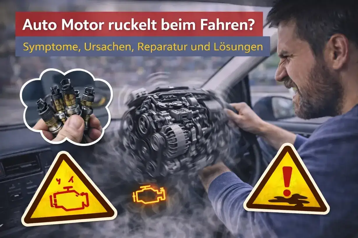 Mann im Auto frustriert wegen ruckelndem Motor. Z&uuml;ndkerzen und Warnsymbole deuten auf Probleme hin.