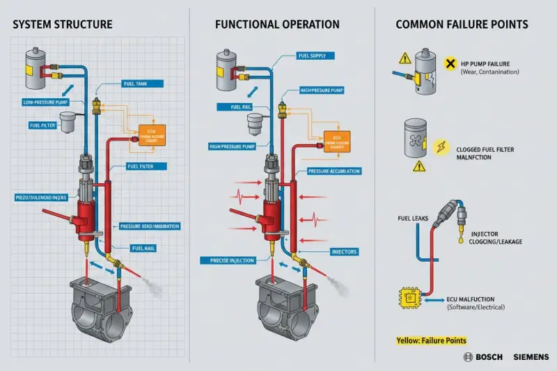 Diagramm erklärt das Common Rail System, seine Funktion und häufige Fehlerquellen wie Pumpenversagen oder verstopfte Filter.