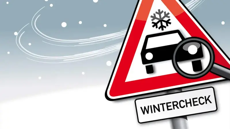 Warnschild mit Schneeflocke und Auto, Lupe zeigt auf Reifen. Darunter steht "WINTERCHECK". Bereiten Sie Ihr Fahrzeug auf den Winter vor!